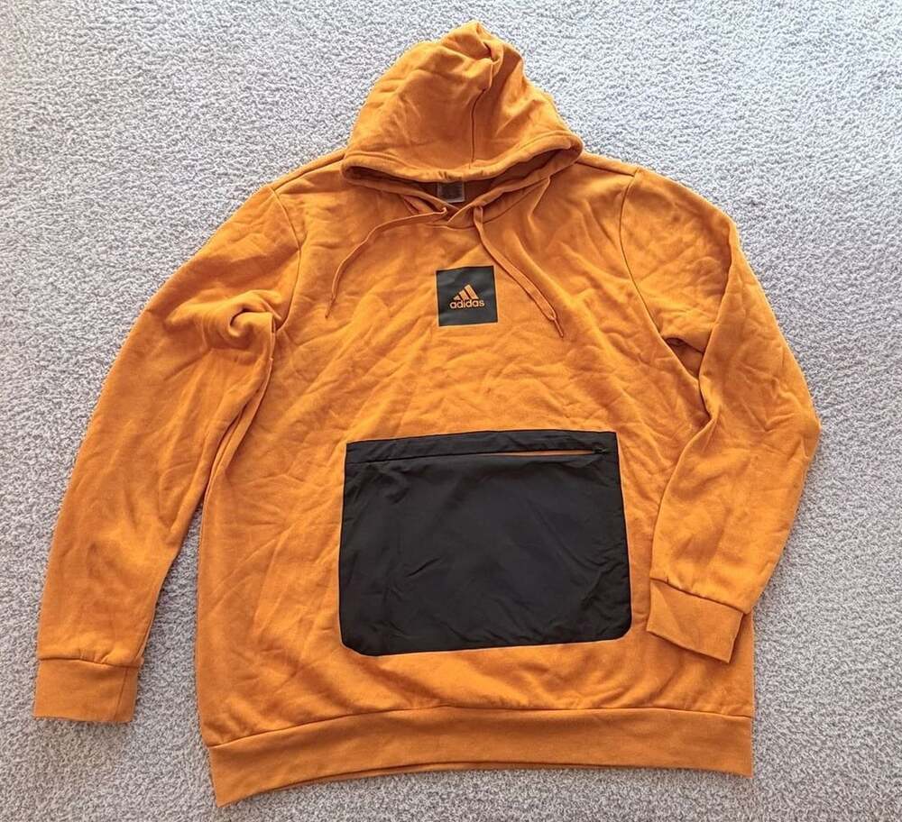 Adidas Sweatshirt Men Large Orange Logo Pullover Hoodie Athletic Gym Run Trefoil